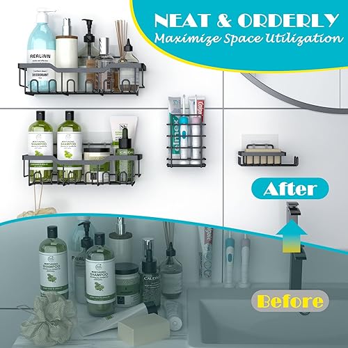 Miniatura 3 de REALINN Organizador de ducha adhesivo, paquete de 5 estantes de ducha de acero inoxidable a prueba de óxido, sin perforaciones, organizador de baño