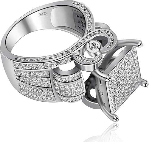Vista 4 de Uloveido Anillo de compromiso de corazón cuadrado de 0.4" de ancho con diseño de arquitectura de ráfaga para mujer, anillo de cóctel brillante