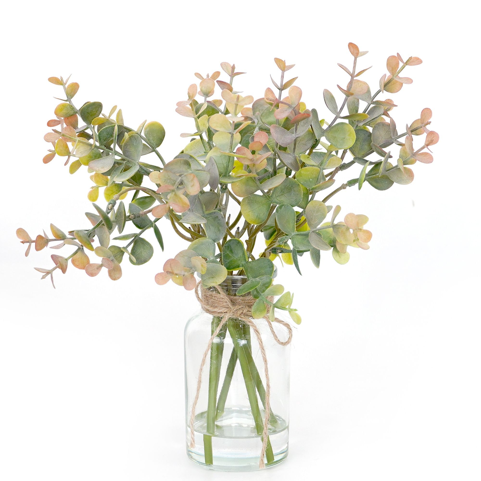 Muhanjia Artificial Eucalyptus Stems in Glass Vase with Faux Water,6Pcs Fake Plant Grey-Orange Eucalyptus for Centerpiece (Grey-Orange Eucalyptus)