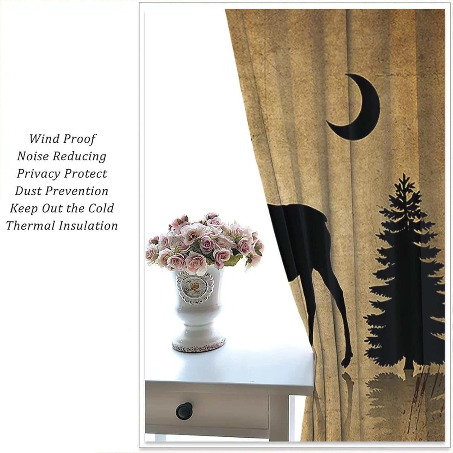 Vintage Animal Elk Curtain Decor, Rustic Elk Moose Deer Forest Pine Tree Moon Design, Countryside Farmhouse Style Nice Modern Art Curtain Artwork Girls Boys Room Curtain 2 Panel Set 42x45in