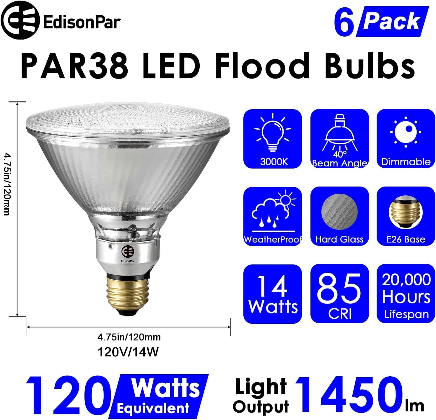 PAR38 Glass Commercial LED Light Bulb, 14W=120W Equivalent 1450 Lumens 20000 Hours Classic Flood Light Bulbs, Dimmable Warm White 3000K 40Degree Beam Angle Title-20/CEC Compliant, 6-Pack