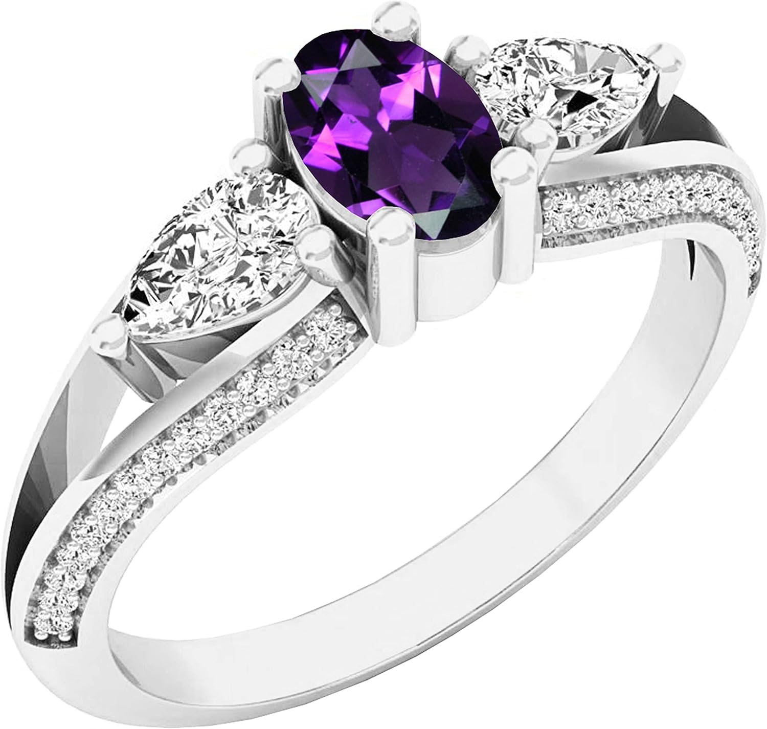 Dazzlingrock Collection 6X4mm Oval Amethyst, 5X3mm Pear White Sapphire & Round White Diamond Womens Three Stone Classic Engagement Ring, Available in 10K/14K/18K Solid Gold
