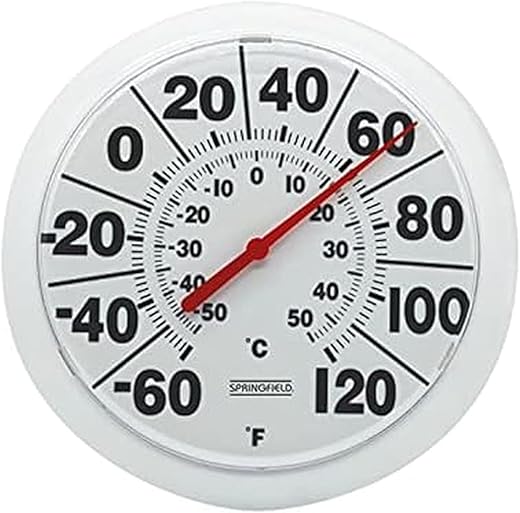 Springfield Indoor Outdoor Big Dial Thermometer, Wireless with Large Easy-to-Read Numbers, 8-Inch Dial for Patio, Pool, or Indoor Use, White Finish