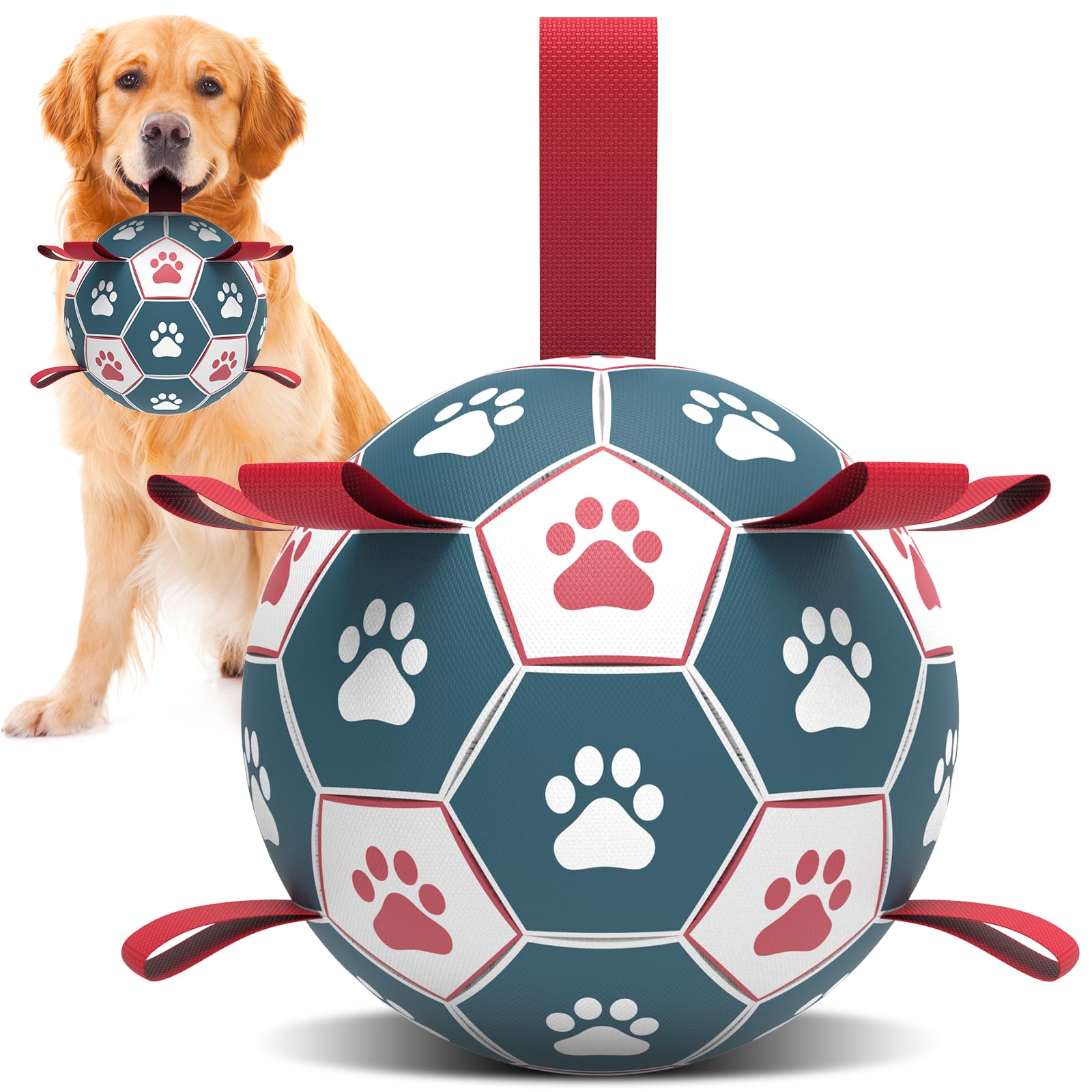 HETOO Dog Soccer Ball, Interactive Dog Toys for Tug of War Water Toy, Durable Balls for Medium & Large Blue Red (8 inch)