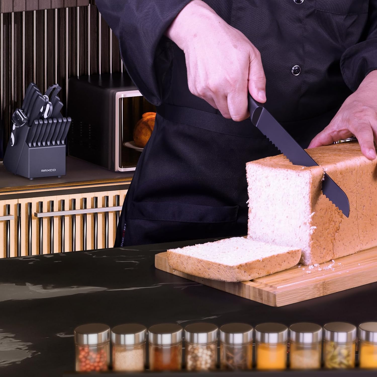 RAXCO Knife Set Black,19Pieces Knife Set For Kitchen With Block-6 Kitchen Knives,8 Steak Knives (Jet-Black)