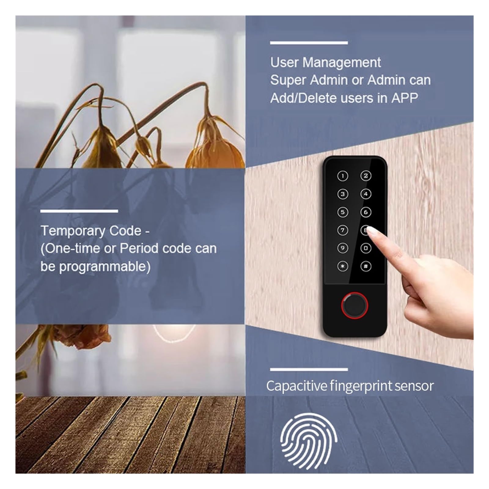 Sistema di blocco porta con tastiera RFID e impronta digitale autonomo impermeabile Wi-Fi da 12 V, allarme magnetico, Maggiore sicurezza(HF7 13.56Mhz(IC))