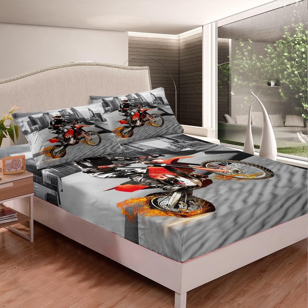 Motocross Rider Fitted Sheet Extreme Sports Design Bedding