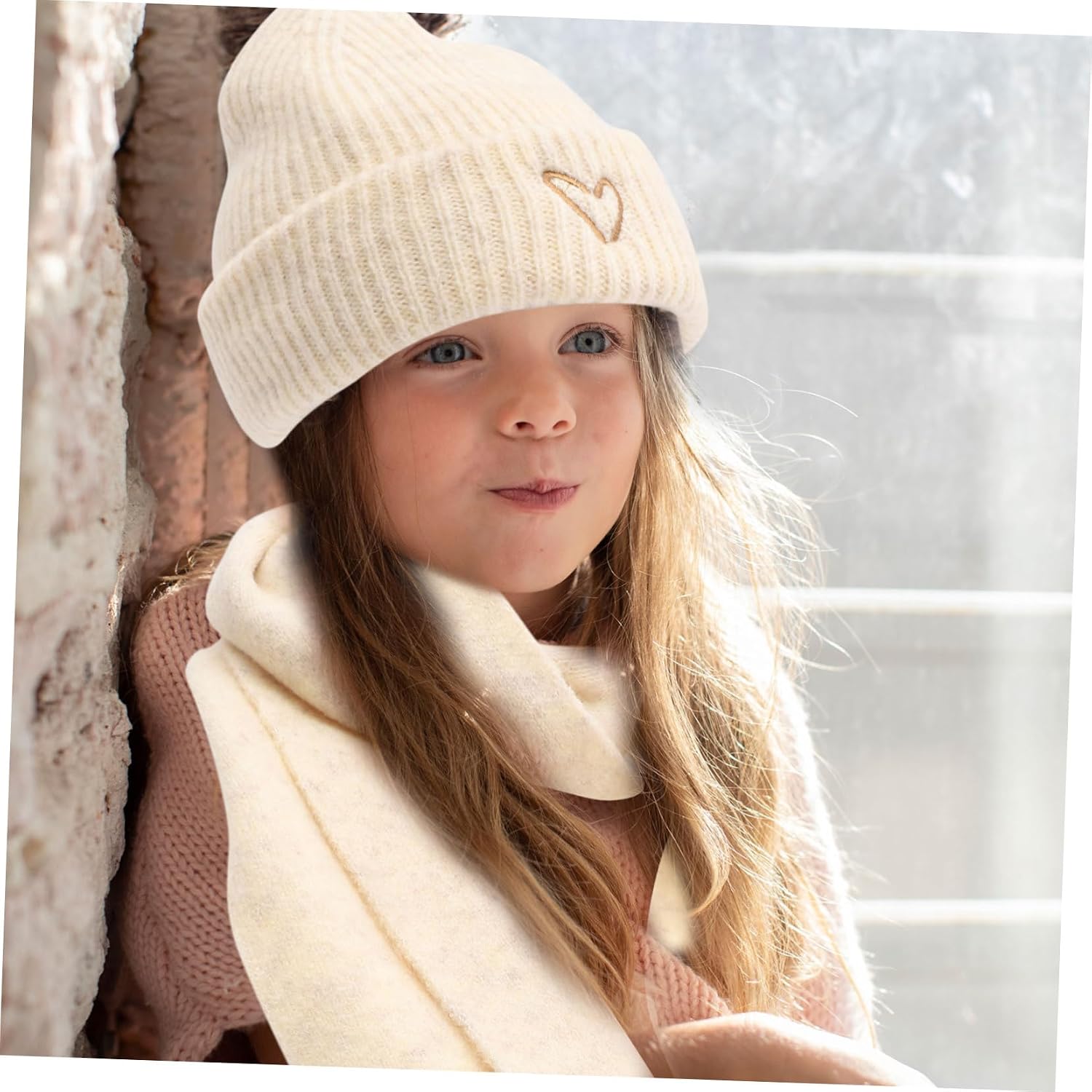 LIFKOME 1 Set Winters Scarf Heart-Shaped Decorate has Child Hats Soft Waxy Scarf Keep Warm White Girl Toddler