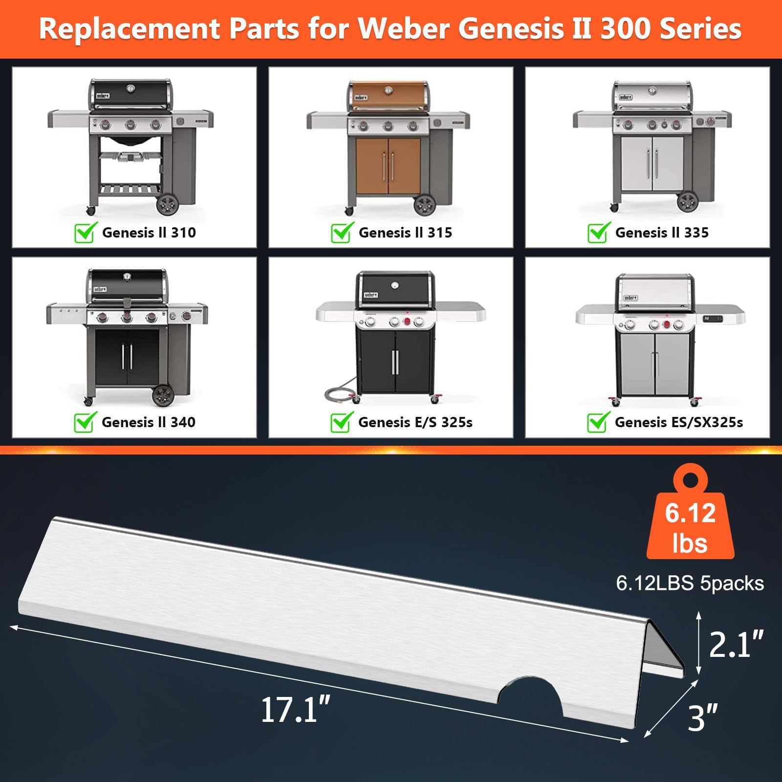 QuliMetal Pręty smakowe 43.4 cm do Weber Genesis II/LX 300 Series II E-310, II E-330, II E-335, II S-335, II LX S/E-340 (2017 i nowsze), płyty grzewcze do Weber 66032/66795, 17GA
