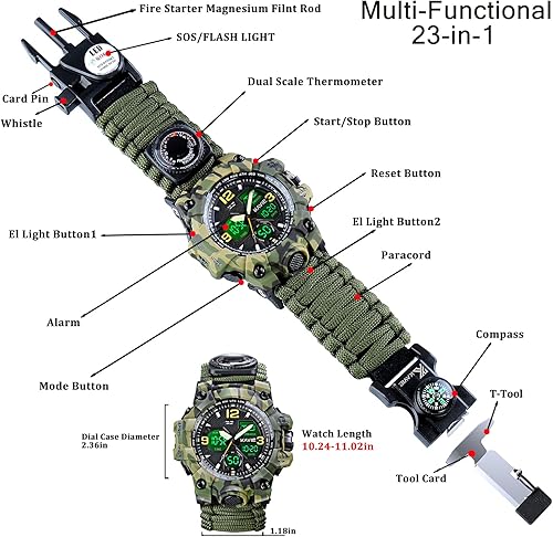Miniatura 3 de Reloj digital militar táctico para hombre, supervivencia 23 en 1, multifuncional, militar, al aire libre, impermeable, camuflaje, deportes, doble