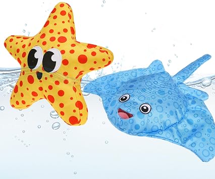PUPTECK Floating Pool Toys for Dogs - 2 Pack Squeaky Pet Water Toys for Fetch & Training, Interactive Summer Outdoor for Large Small Medium Dogs, Starfish & Manta Ray