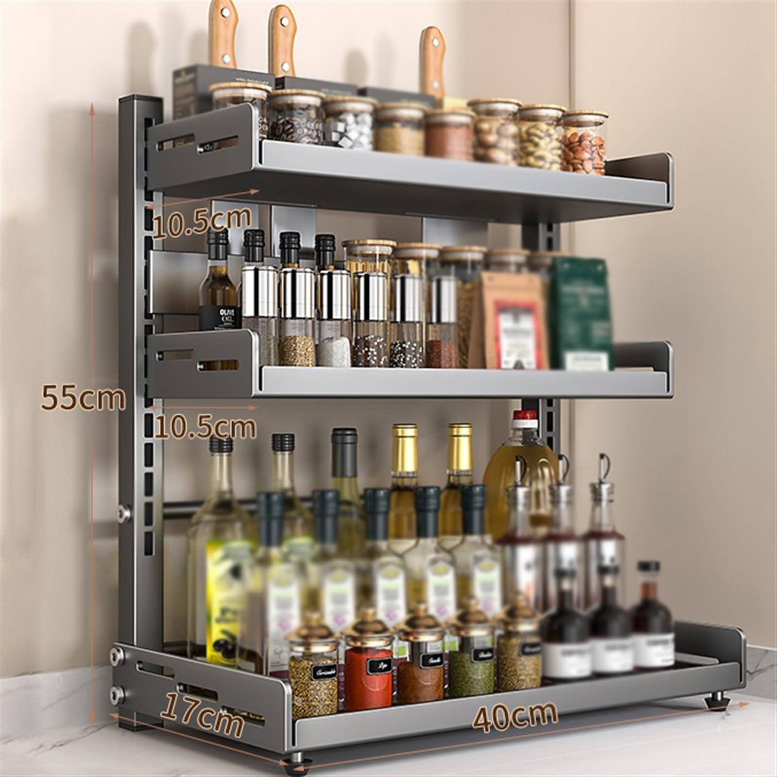 Gewürzhalter Gewürzregal stehend, 3-stufig, Küchenregal, Gewürzregale, aus Metall, freistehend, for Küchenarbeitsplatten-Organizer