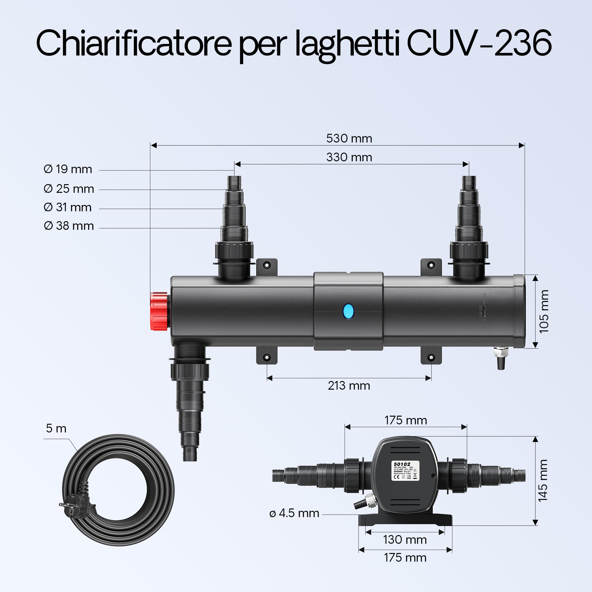 Set per laghetti fino a 60000l Filtro Chiarificatore UVC 36W Pompa 80W Tubo 25m
