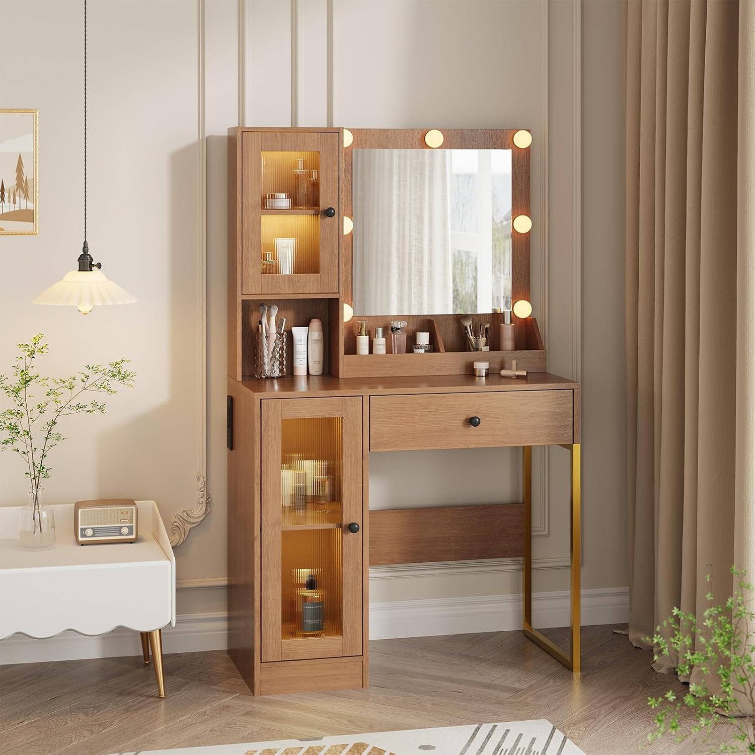 Garvee Vanity Desk with Mirror and Lights Elegant Makeup Vanity Table with Drawers & Cabinets, Storage, Sturdy MDF Top, Adjustable Brightness Bulbs, Built-in Power Outlet & USB Ports for Bedroom