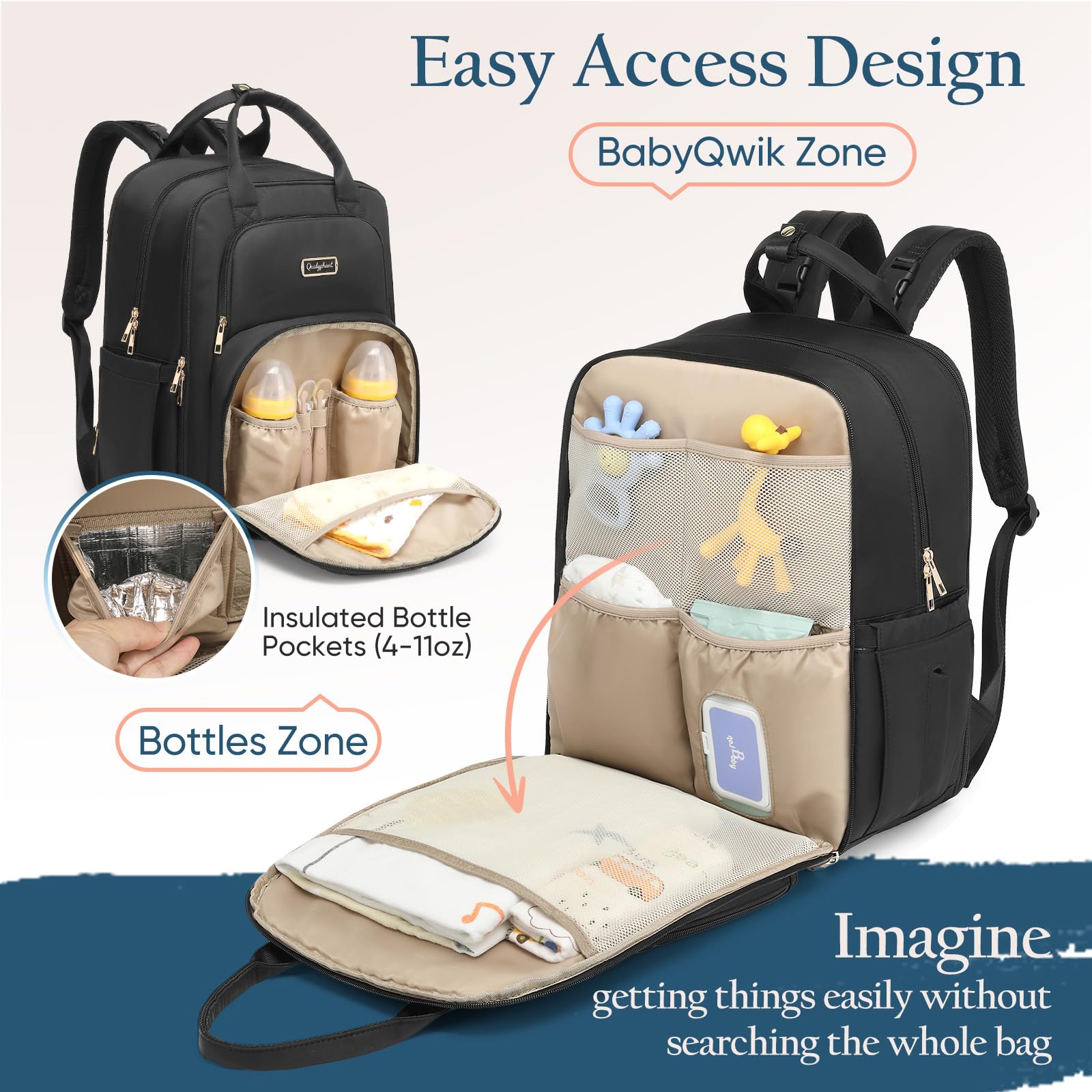 Qualyphant Mochila para pañales, expandible, 35 L, extra grande, para 2 niños gemelos, mochilas cambiadoras acolchadas para bebés