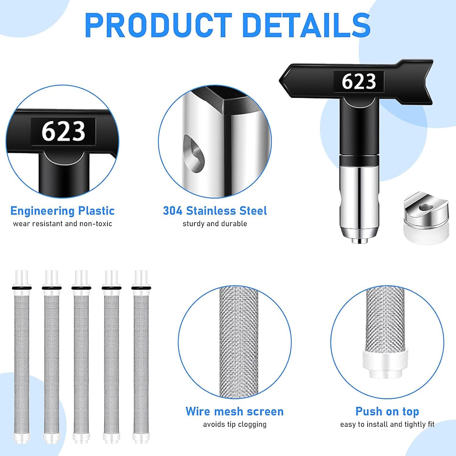 12 Stück Airless-Farbspritzpistole mit Düsenschutz, 5 Sprühspitzen und 5 Airless Farbspritzpistolenfilter für Airless-Spritzmaschinen, Farbzubehör (211, 313, 415, 517, 623)