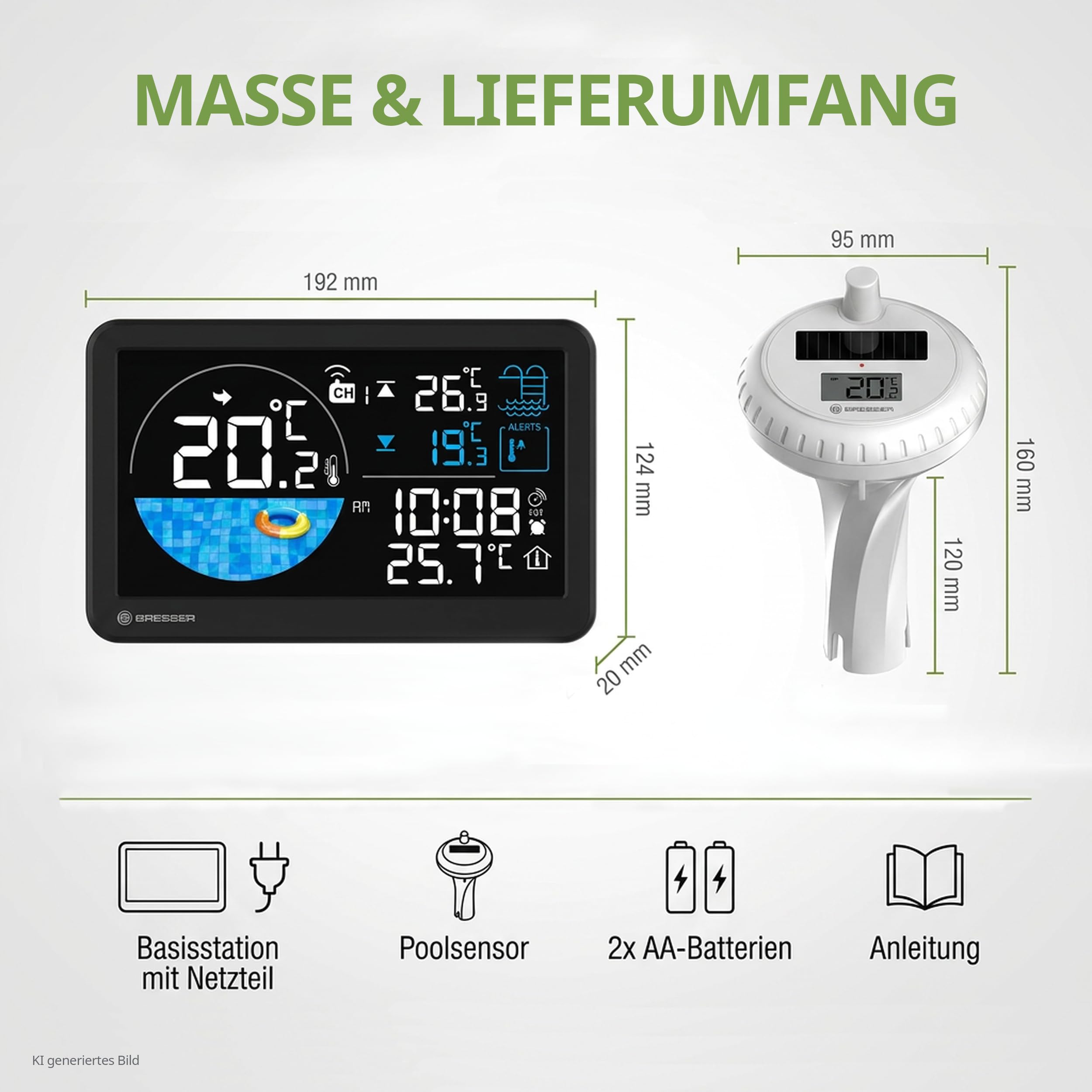Termometro piscina wireless Bresser con pannello solare, temperatura acqua & stanza, allarme, orologio radio, IPX7