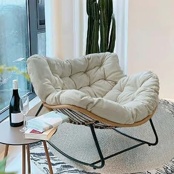 Mecedora para exteriores, estilo rústico y elegante, de mimbre, cómoda y ergonómica, cojín grueso, interior y exterior, color blanco