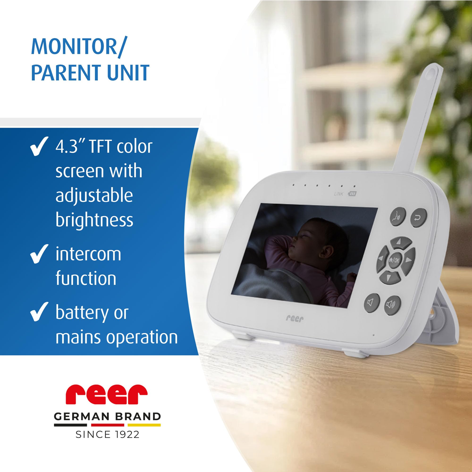 Reer BabyCam XL Move | Vigilabebés Digital | tecnología FHSS a Prueba de escuchas | Pantalla TFT de 4,3" | Alcance de 300 m | cámara giratoria e inclinable | visión Nocturna | función de