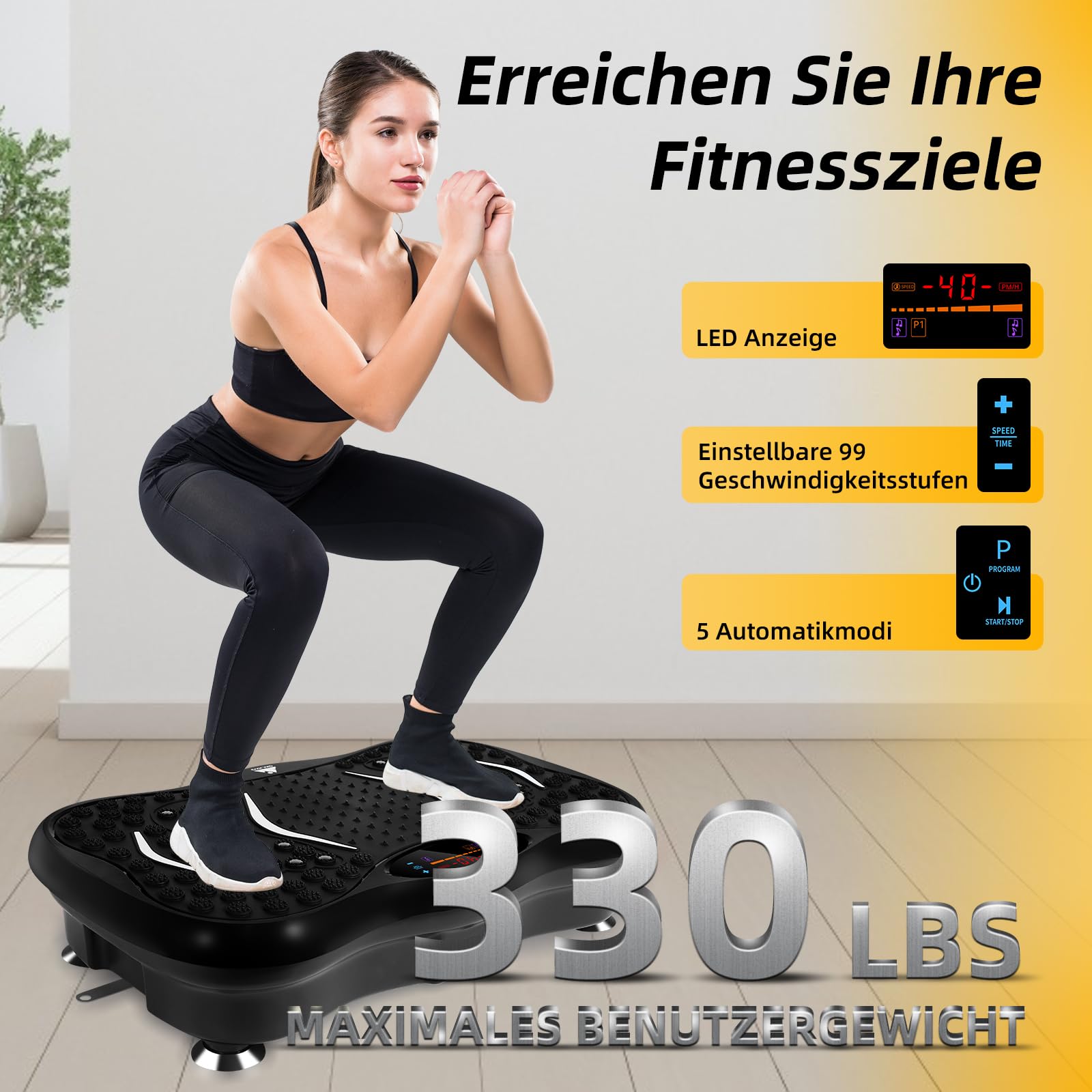 EVOLAND Vibrationsplatte Vibrationsgeräte mit 5 Trainingsprogramme bis 99 Intensitätsstufen, Bluetooth Lautsprecher, Widerstandsbänder mit Griff für Ganzkörpertraining und Körperformung