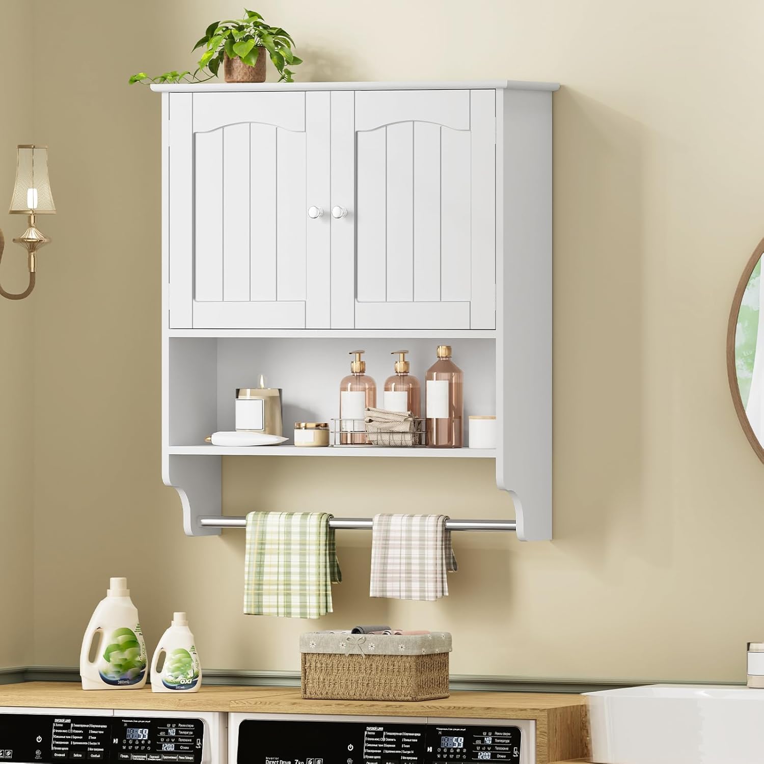 Iwell Bathroom Wall Cabinet, Over The Toilet Storage Cabinet with Towel Rack & Adjustable Shelf, Medicine Cabinet for Bathroom, White