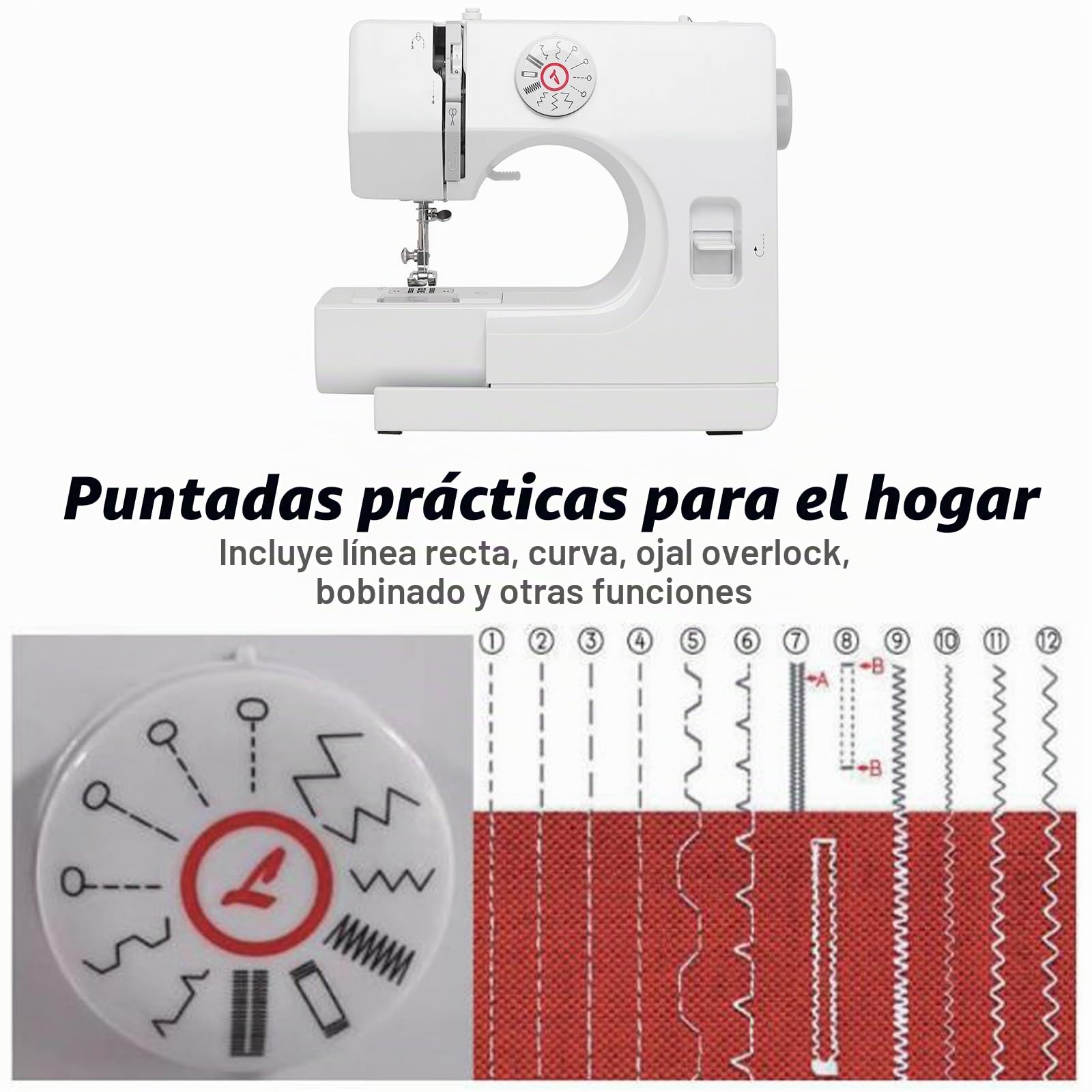 725 Máquina de Coser Eléctrica, Lámpara Integrada y 12 Tipos de Puntadas Diferentes, Mini Máquina de Coser Portátil para Principiantes, Fácil de Usar, Ideal para Ropa, Telas