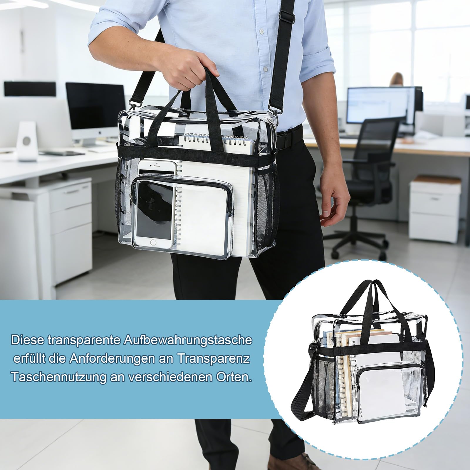 Borsa trasparente, 28 x 13 x 27 cm, trasparente, per lavoro, palestra, concerti e competizioni sportive