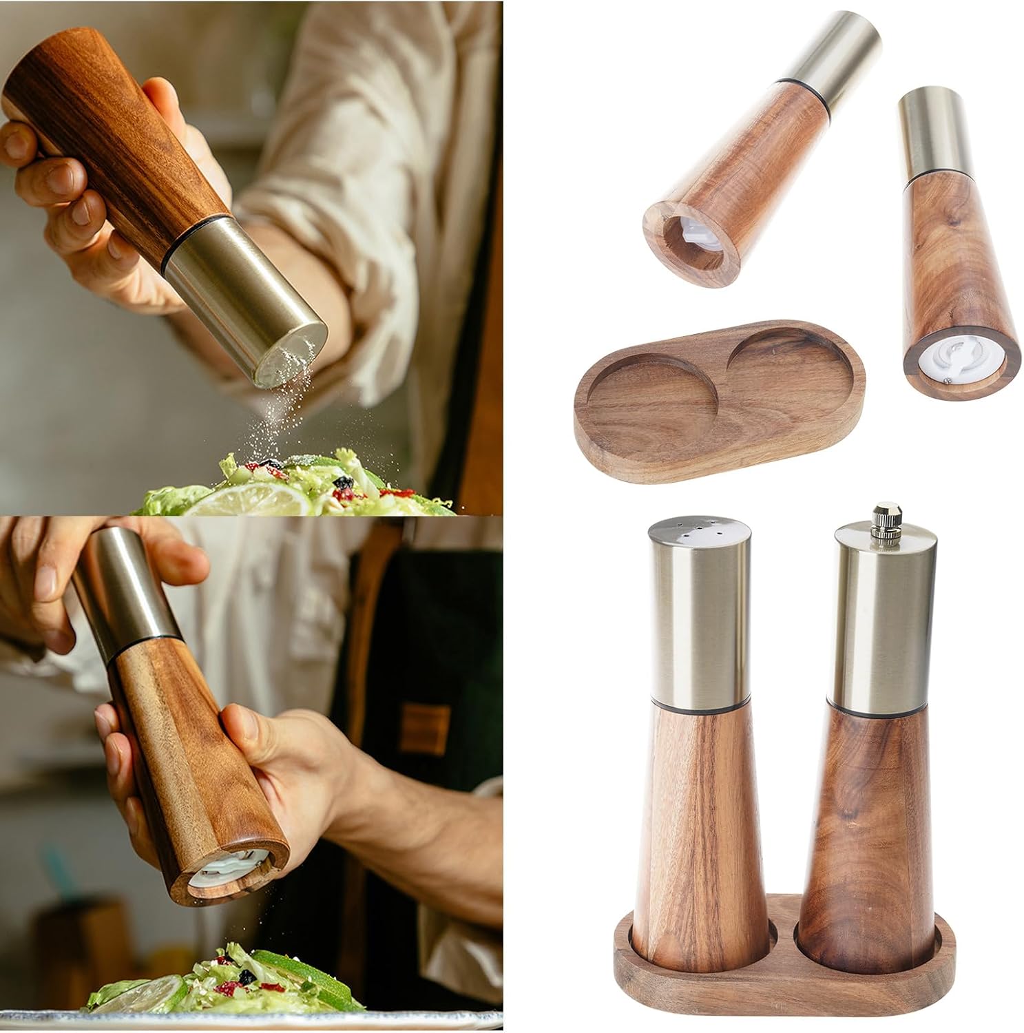 Salt and Pepper Mill Combo with Base Stand Kitchen Seasoning Gadget Coarse Salt and Pepper Mill Kitchen Utensil for Seasoning