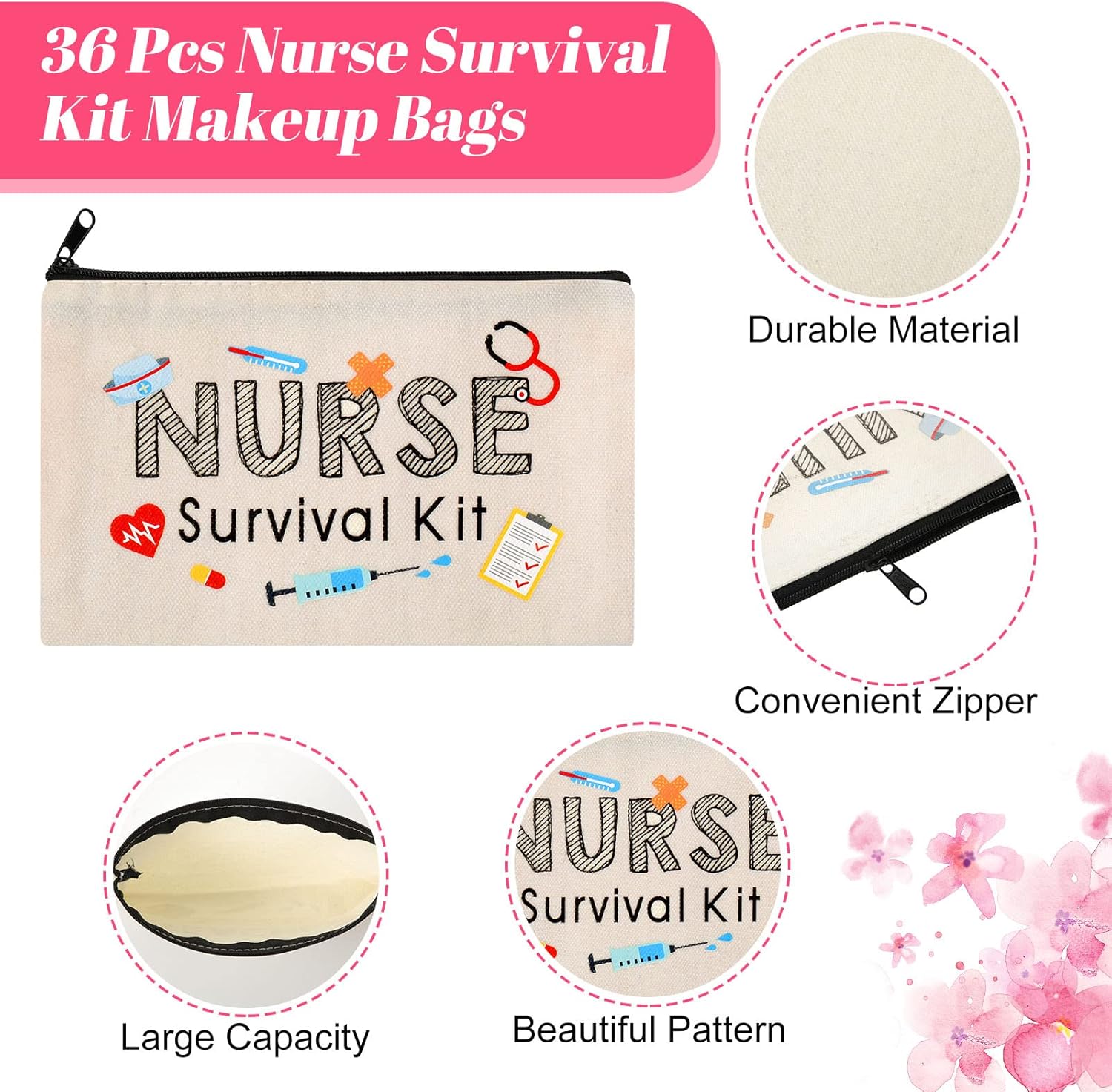 Kajaia 36 Pieces Nurse Survival Kit Makeup Bags Nurse Gift for Nurses Week Birthday, Nurse Practitioner Gifts Canvas Cosmetic Bags, Nurse Toiletry Bag with Zipper Nurses Supplies