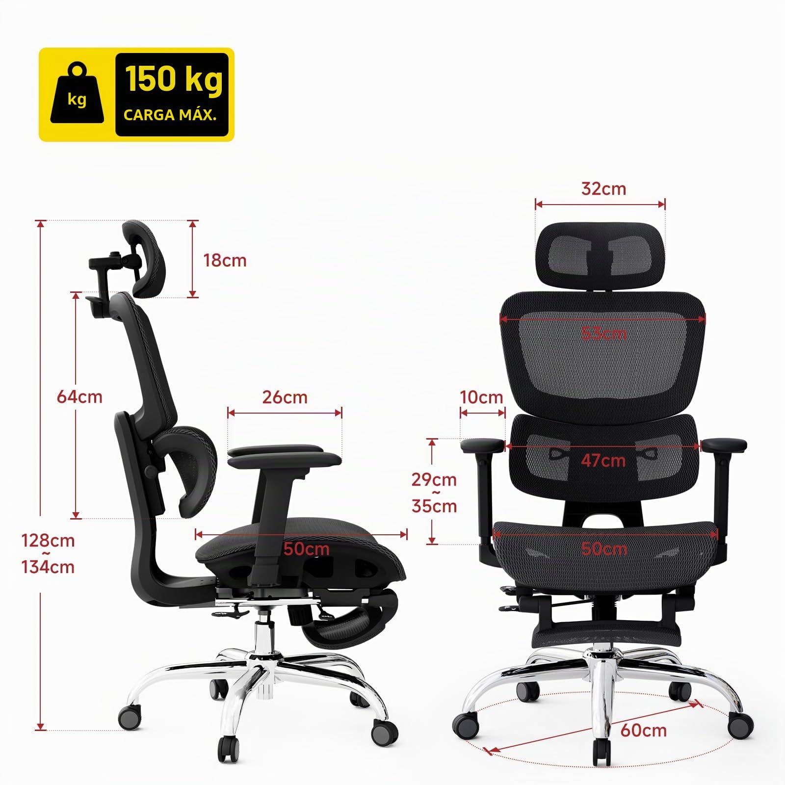 Silla de Oficina ergonómica con reposacabezas Ajustable, Soporte Lumbar y reposabrazos Plegables 3D, Silla de Ordenador con Ajuste de Altura y función basculante,Silla giratoria de hasta 150kg,Negro