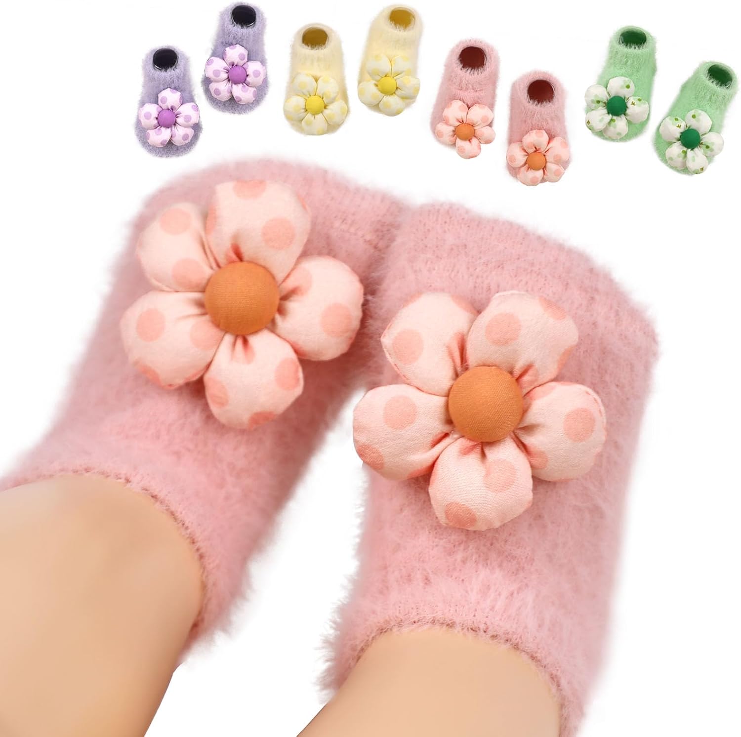 4Packs Baby Girl Socks for Winter Soft Warm Flower Ankle Socks with Non-Slip Grips for Infant Babies Toddlers