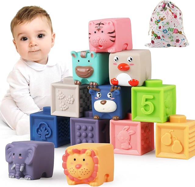 Luclay Soft Building Blocks for Toddlers 6 9 12 Months 1 2 3 4 5 Year Old, Montessori Toys  Teething Sensory Toys for Baby, Educational Squeeze Play Blocks with Numbers Animals Shapes Texture 12 PCS