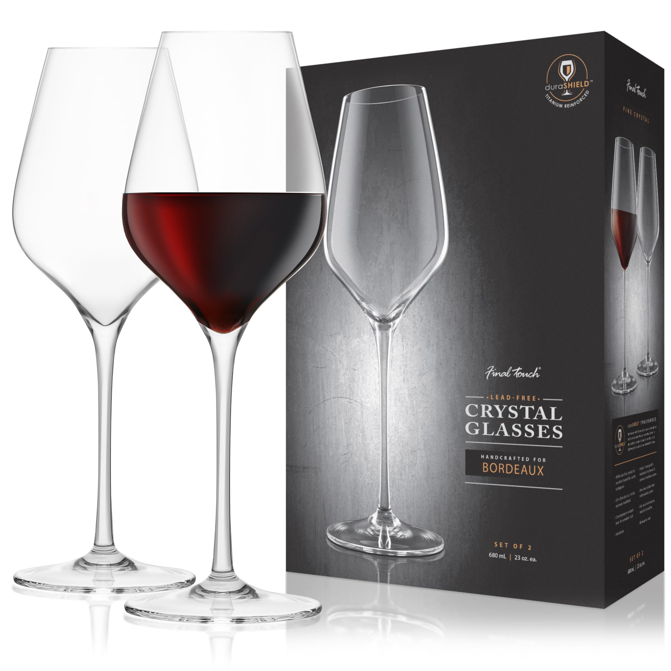Final Touch - Calici da vino in cristallo per Bordeaux, 100% senza piombo, in DuraShield rinforzato al titanio per una maggiore durata, altezza: 29 cm, capacità: 680 ml, confezione da 2