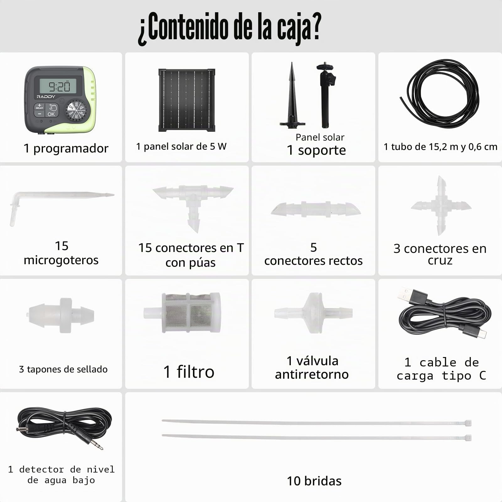 Raddy WS-1 Kit de riego por goteo, sistema de riego automático alimentado por energía solar de 5 W, temporizador de agua fácil para plantas en el balcón, jardines y invernaderos, compatible con 15