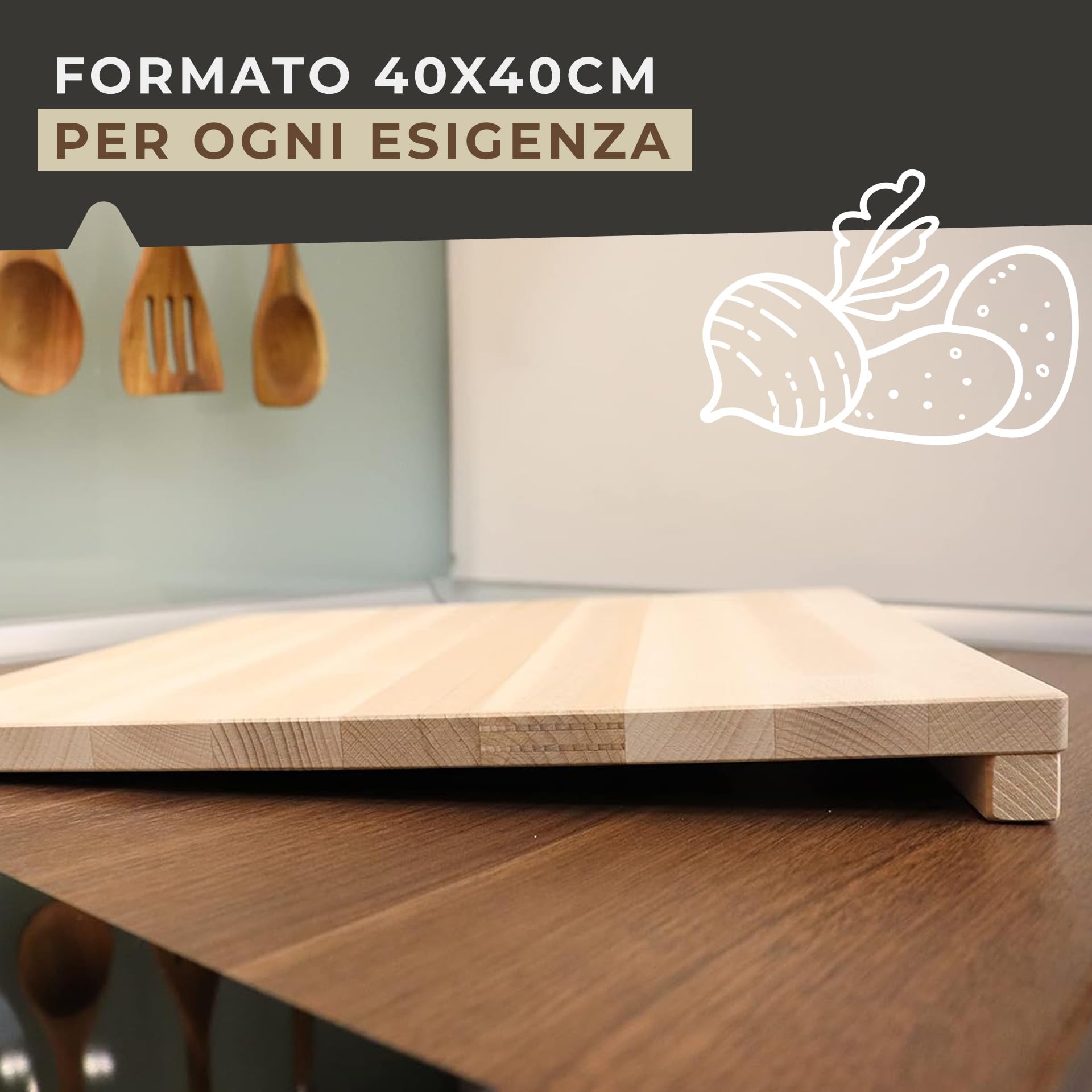 Fackelmann Tagliere spianatoia in Legno di Faggio 40 x 40 cm, Facile e Comodo da usare per Impasti e preparazione di Pasta Fresca, Taglia Unica, con rialzi di appo