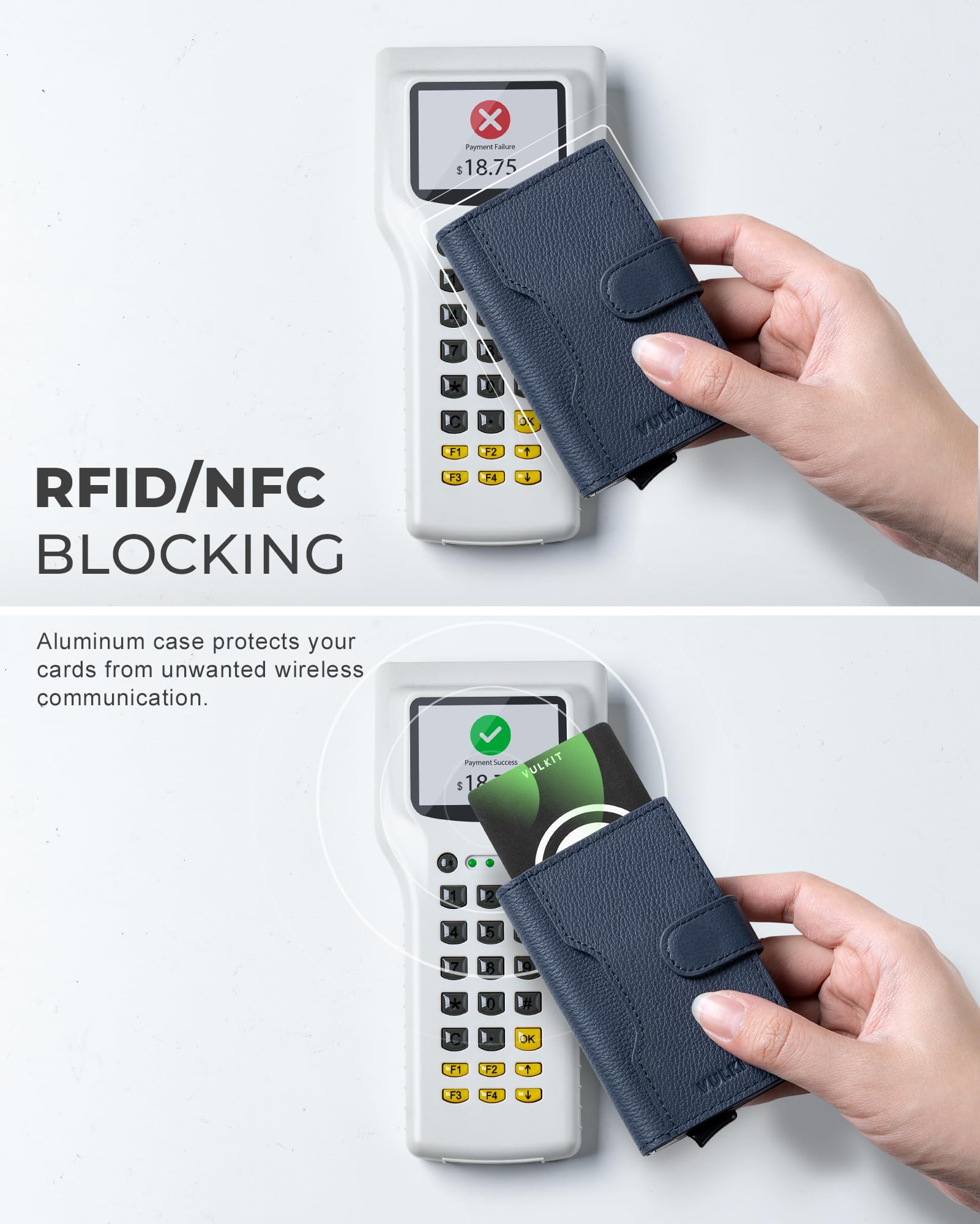 VULKIT Tarjetero Hombre Piel Genuino RFID Bloqueo con Cierre Magnético Carteras para Hombre Metalico Porta Tarjetas con 3 Ranuras y 1 Ventana DNI, Litchi Azul Marino