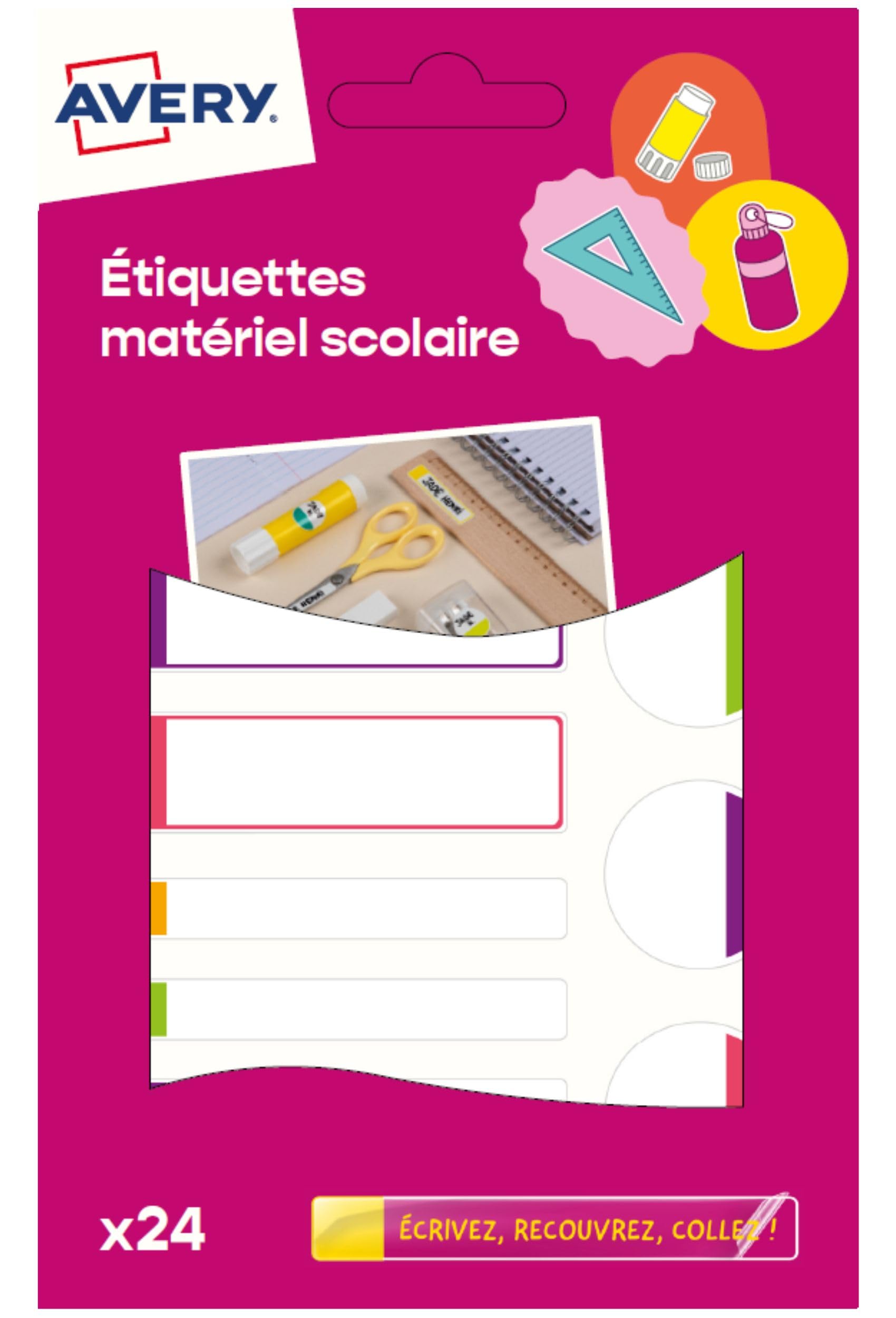 AVERY - Sachet de 24 étiquettes autocollantes auto-​plastifiées multicolores fluos - Résistantes au lave vaisselle et au four micro ondes- Divers formats 63 x 16/​63 x 8 / Ø 25mm