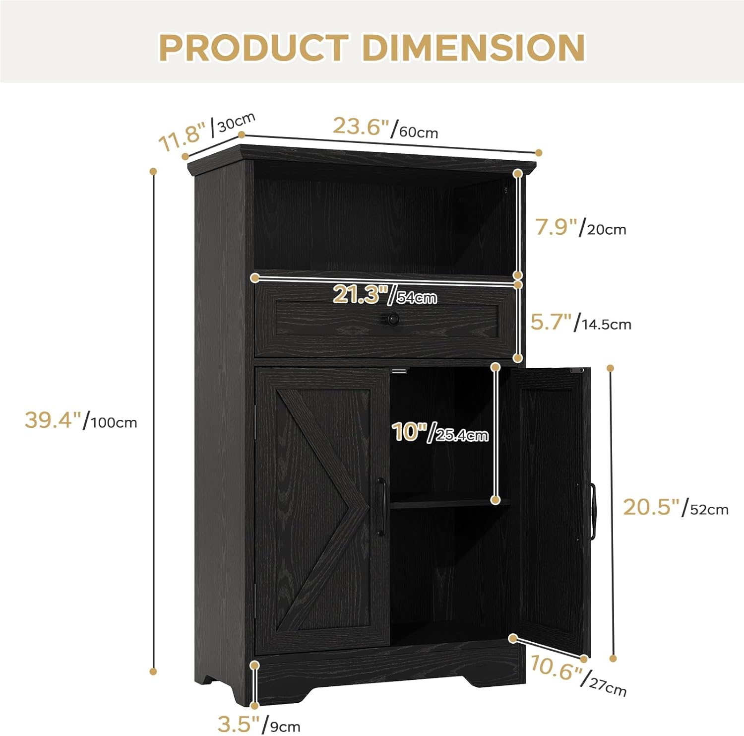 Floor Cabinet, Farmhouse Storage Cabinet with Barn Doors and Drawer, 11.81" D x 23.62" W x 39.37" H Black Freestanding Adjustable Shelf Organizer for Bathroom, Kitchen, Living Room
