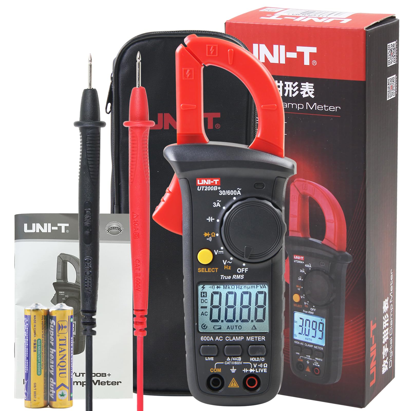 UNI-T UT200B+ Pinza Amperometrica AC, True RMS Auto-Ranging Digitale Multimetro con Rilevamento dei Fili in Tensione per Misurare Tensione AC/DC, Corrente AC, Resistenza, Diodo e Continuità