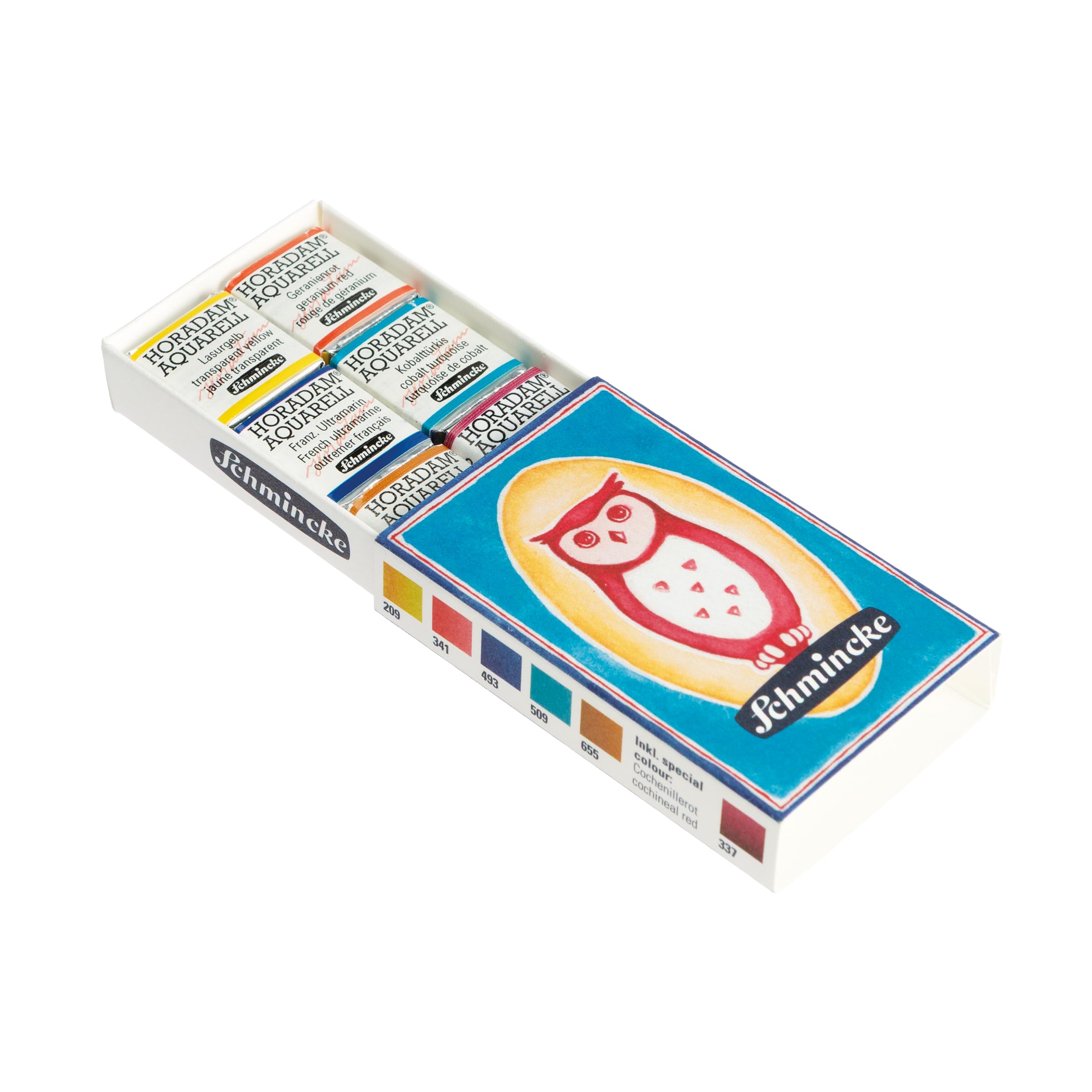 Schmincke HORADAM AQUARELL Lot de 6 boîtes d'allumettes aquarelle très fines, 74671097, 5 tons standard, ton spécial rouge cochenillé, 6 demi-godets