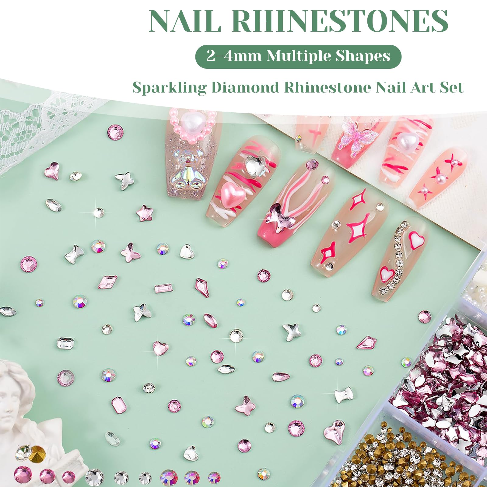 10000 Pezzi Fiocco Rosa Carino Cuore 3D Fiori Charms, Farfalla Dorata Chunky Decorazioni, Gioielli Per Unghie Diamanti Strass, Perline Per Nail Art