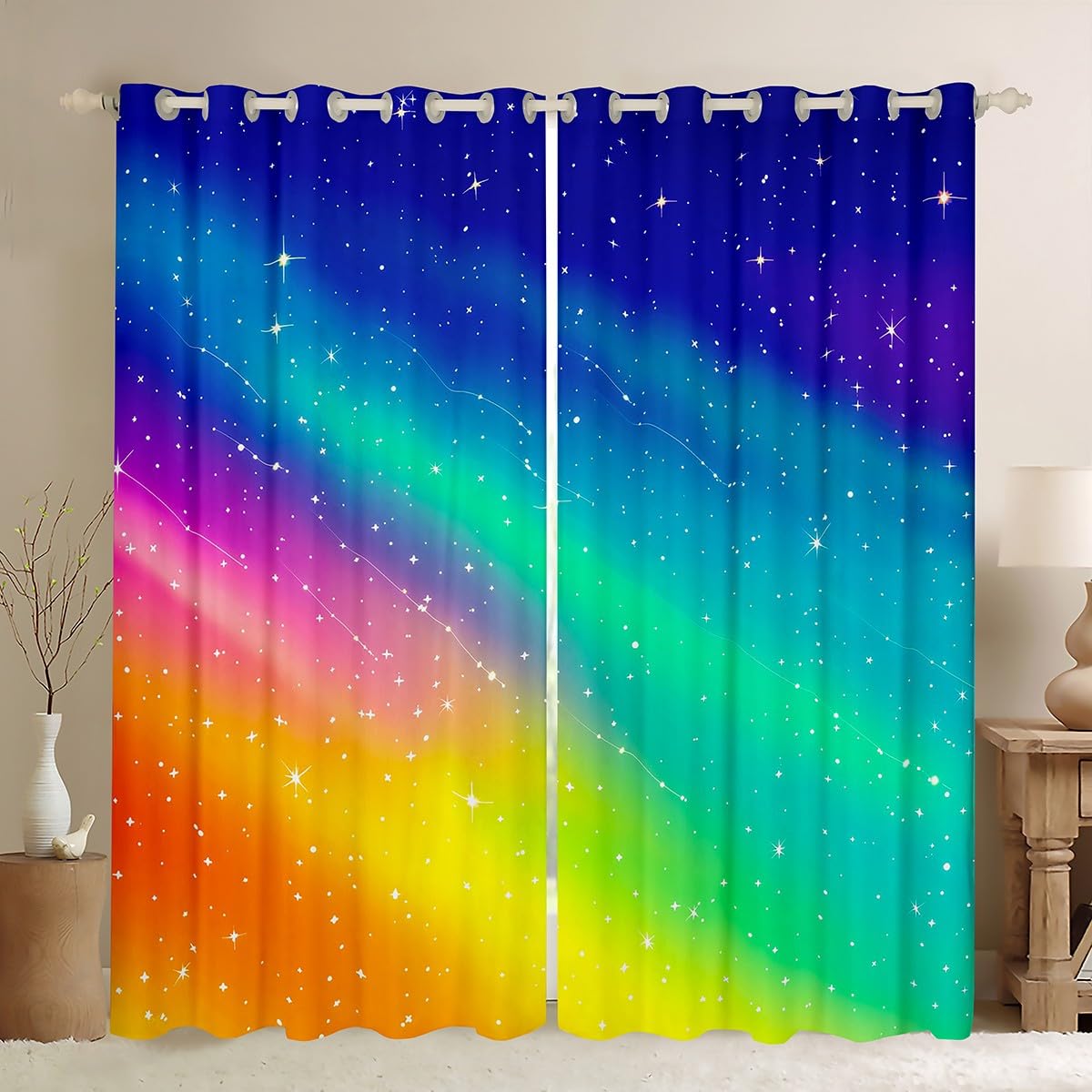 Homemissing Gradient Glitter Window Curtains for Bedroom Living Room Rainbow Colorful Curtains for Kids Boys Girls Galaxy Window Drapes Soft Blackout Curtains, W52*L63,2 Panels