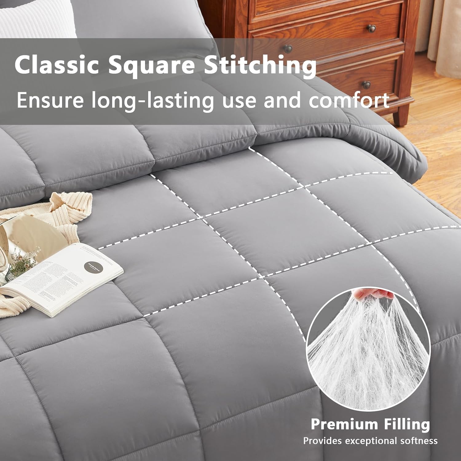 CozyLux Queen Comforter Set - Grey Comforters Queen Size, 3 Pieces Box Stitched Bed Set for All Seasons, Soft Lightweight Bedding Sets with 1 Down Alternative Comforter and 2 Pillow Shams - Image 2