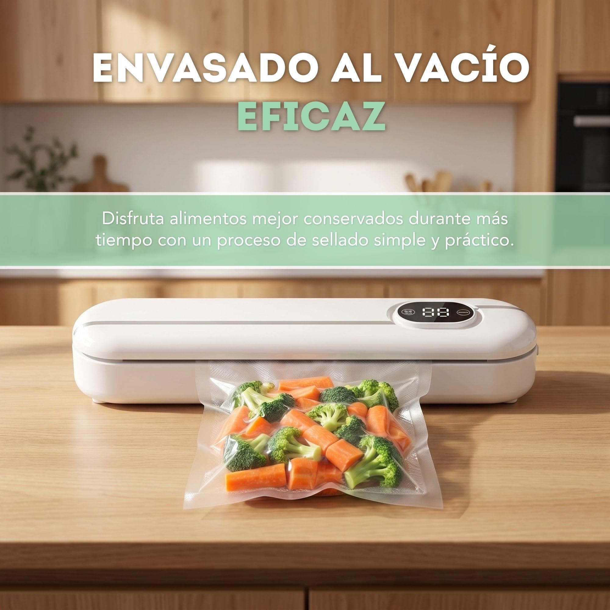 Rayisa Envasadora al Vacío Profesional – Sellado Automática con Modos Seco y Húmedo – Sella hasta 30 cm, Compatible con Bolsas Lisas y Gofradas – Incluye Kit de 10 Bolsas – Diseño Compacto en Blanco