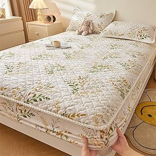 Lirzxin Colcha con esquinas para cama de matrimonio, sábana encimera de terciopelo de leche con estampado de hojas y ramas de invierno, suave, transpirable, 180 x 200 cm, verde y marrón
