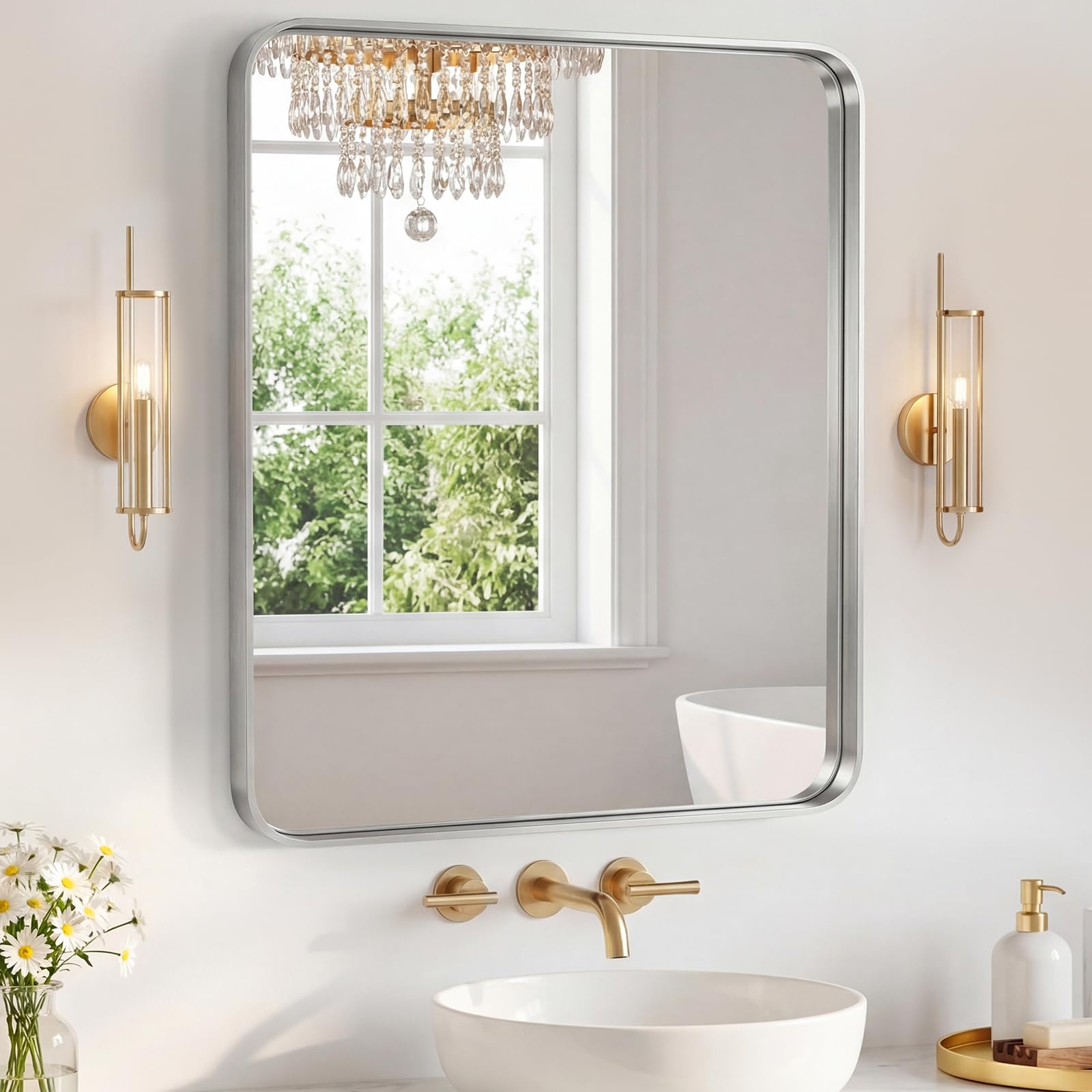 Sweetcrispy Bathroom Mirror 36x24 Inch Metal Framed Rounded Rectangle Vanity Mirror for Wall, Over Sink, Farmhouse, Restroom, Anti-Rust, Modern Decorative, Horizontal or Vertical Hanging, Silver