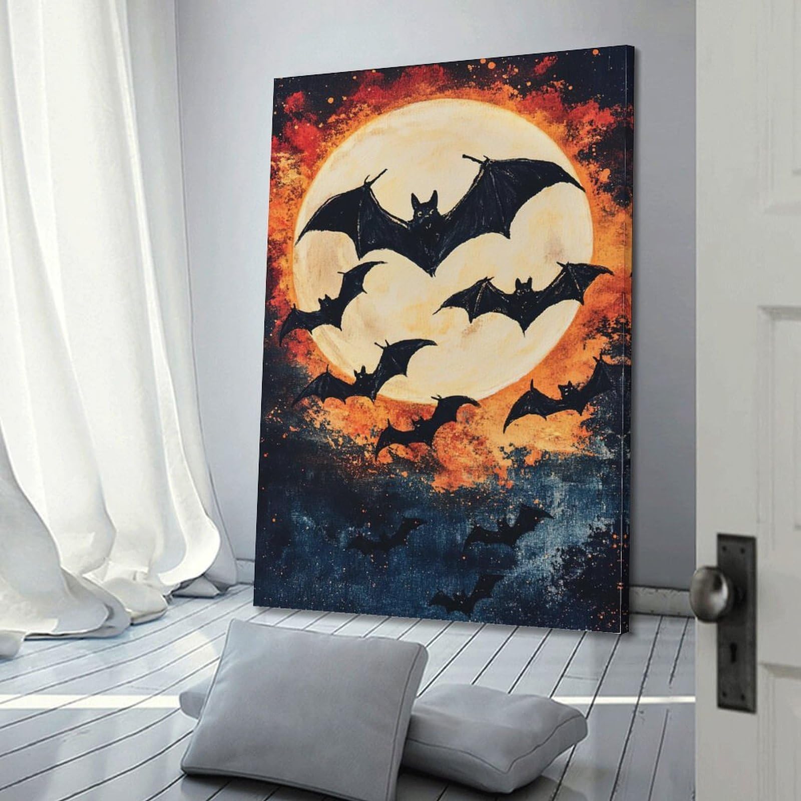 Modern Home Print - Poster da parete su tela, poster di Halloween, con sagoma di pipistrello e sciame al chiaro di luna, con sagoma misteriosa e ha un festival, decorazioni per Halloween, 50 x 75 cm