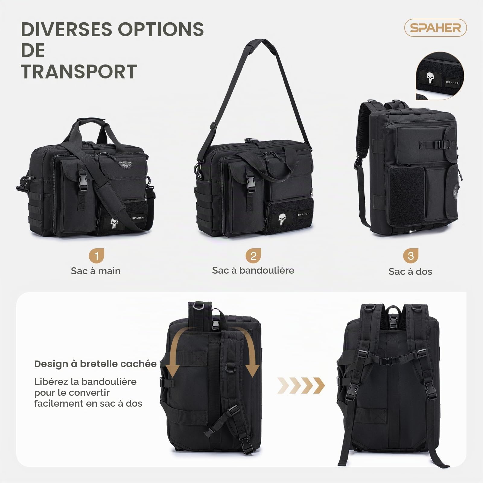 SPAHER 3 en 1 Sacoche Ordinateur Portable 17" Sac à Dos Tactique Homme Noir