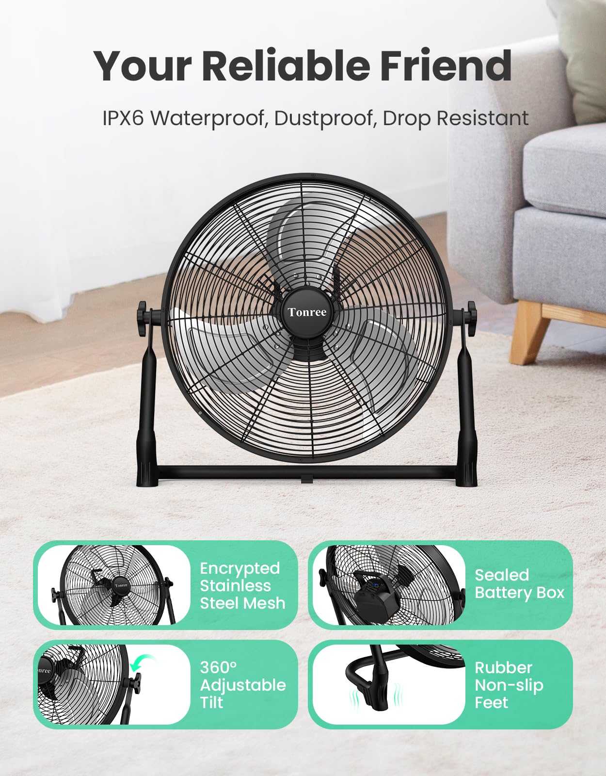 Ventilatore da pavimento portatile da 45,7 cm, a batteria, ricaricabile ad alta velocità, ricarica USB per telefono, durata 12-60 ore, silenzioso, wireless, flusso d'aria, per campeggio, casa