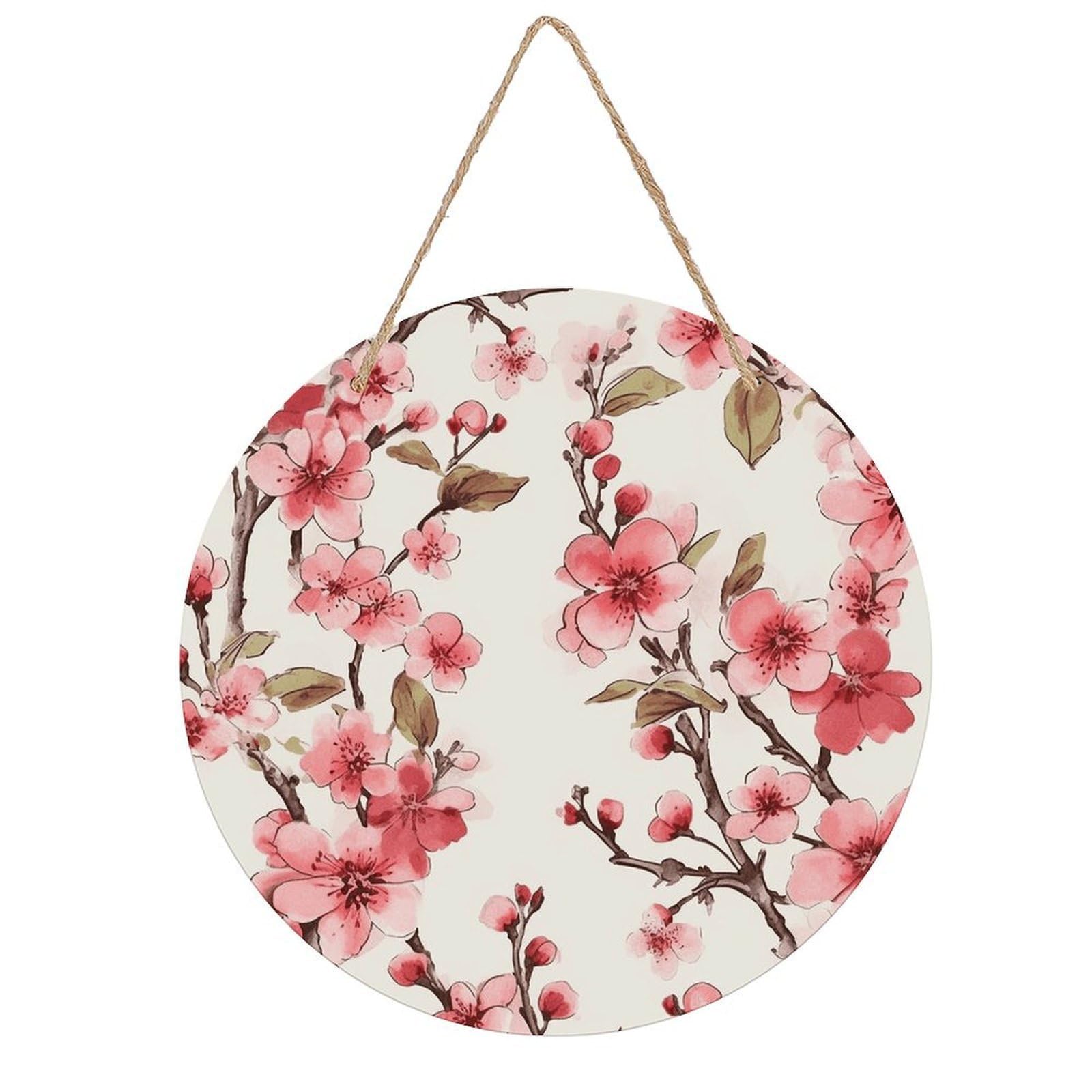 VstaDank Cherry Blossom Wooden Wall Art Decor Round Wood Plaque Wooden Door Hanger Sign with Hole And Hanger Rope Trend Wood Decorative Paintings for Home Outdoor Indoor 7.87 Inch